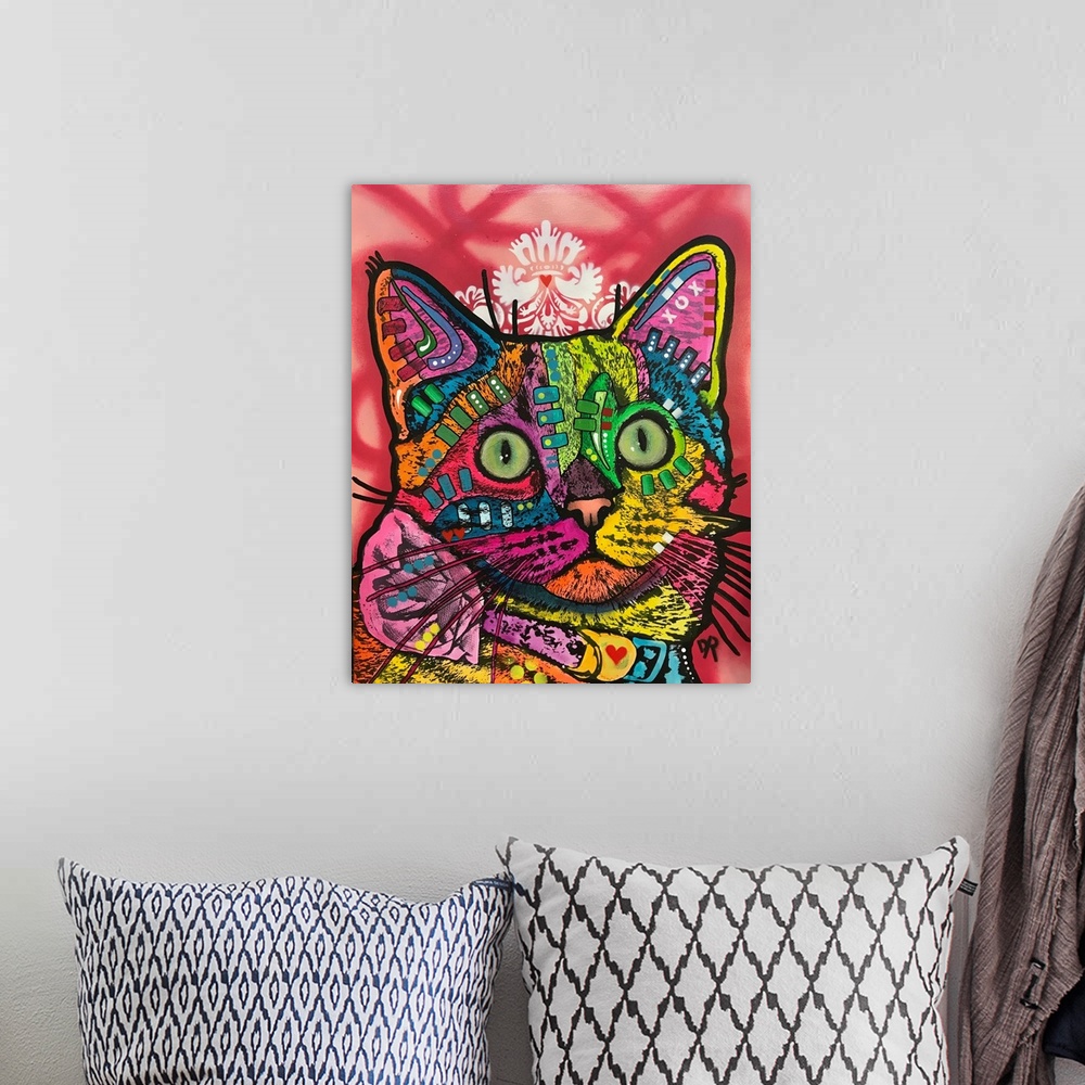 A bohemian room featuring Contemporary stencil painting of a cat filled with various colors and patterns.