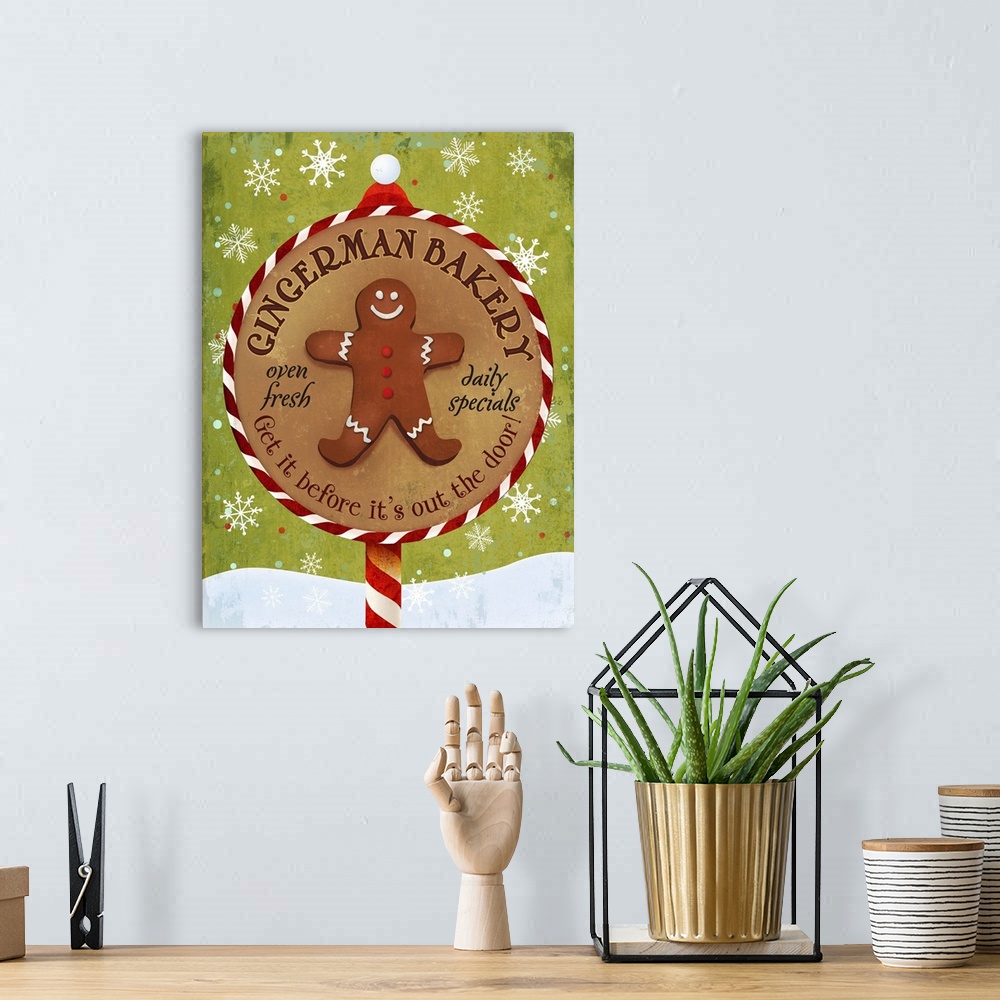 A bohemian room featuring Cute holiday sign for a bakery, featuring a gingerbread man.