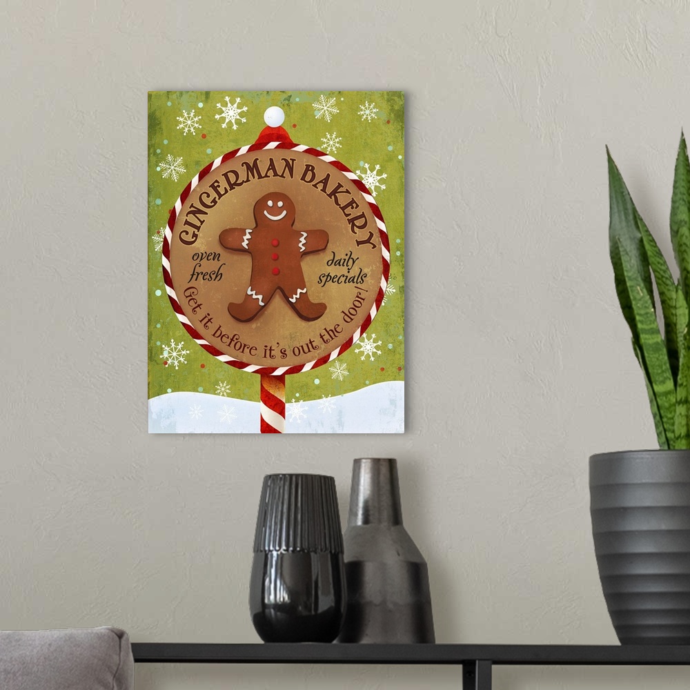 A modern room featuring Cute holiday sign for a bakery, featuring a gingerbread man.