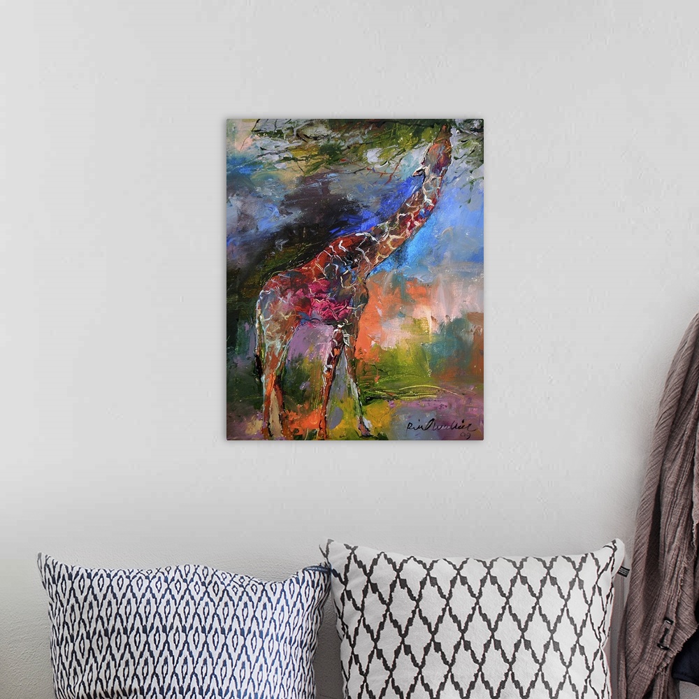 A bohemian room featuring Contemporary vibrant colorful painting of a giraffe.