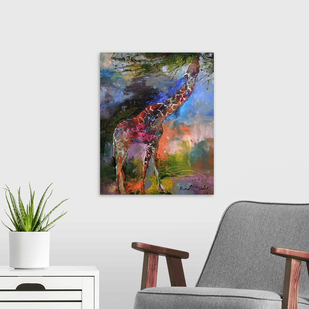 A modern room featuring Contemporary vibrant colorful painting of a giraffe.