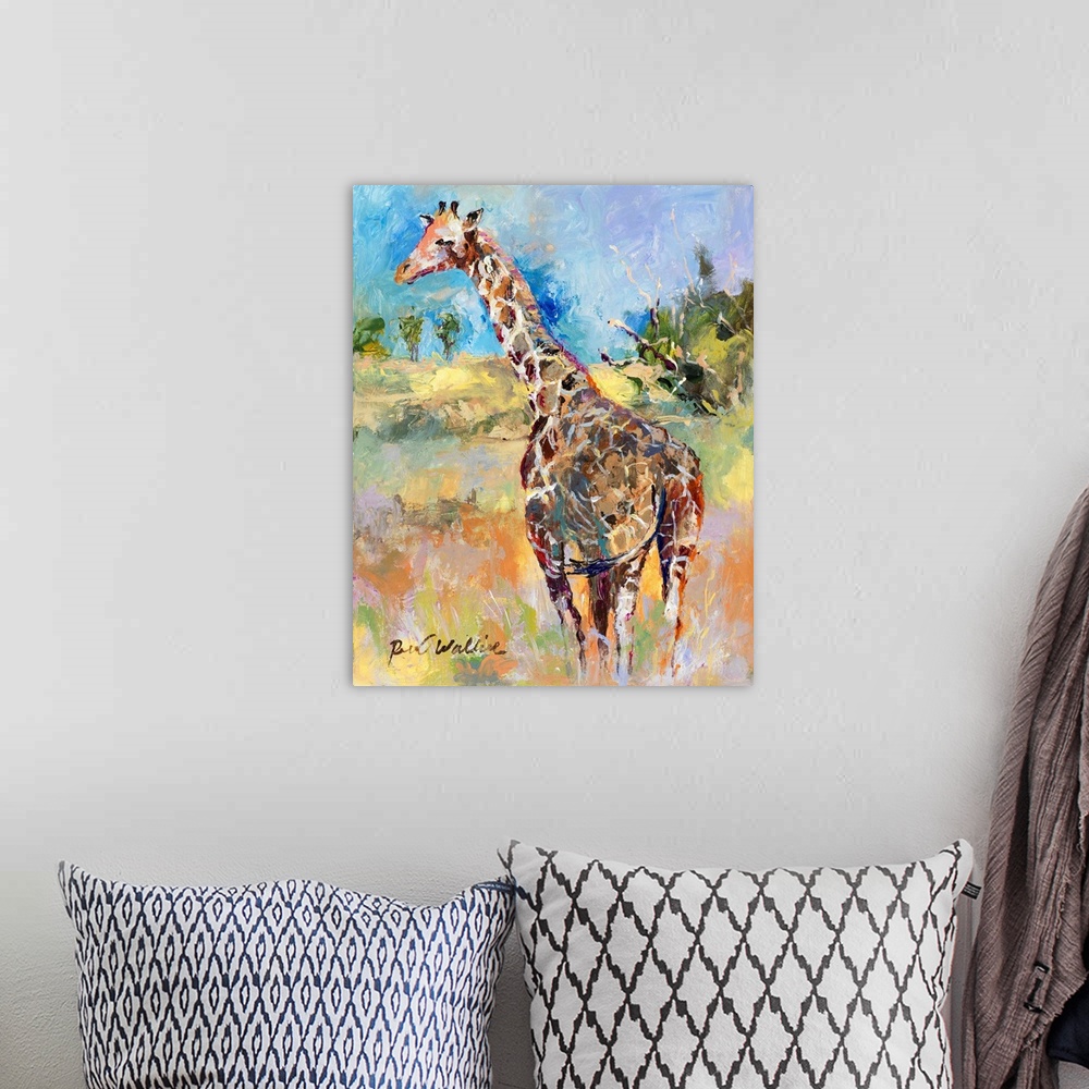 A bohemian room featuring Abstract painting of a giraffe in its habitat.