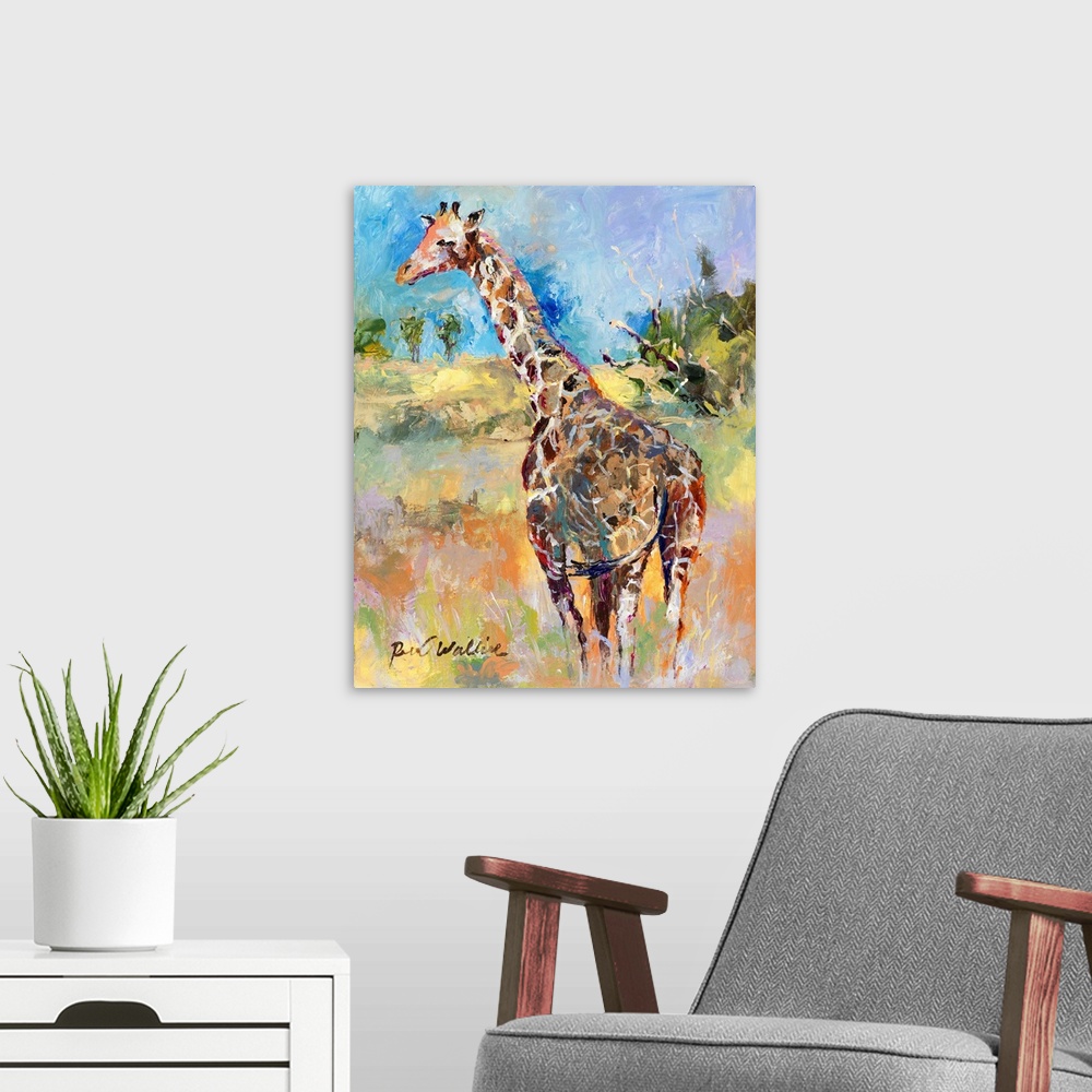 A modern room featuring Abstract painting of a giraffe in its habitat.