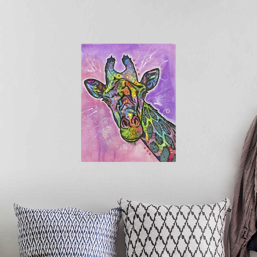 A bohemian room featuring Colorful painting of a Giraffe with abstract markings on a pink and purple background with white ...