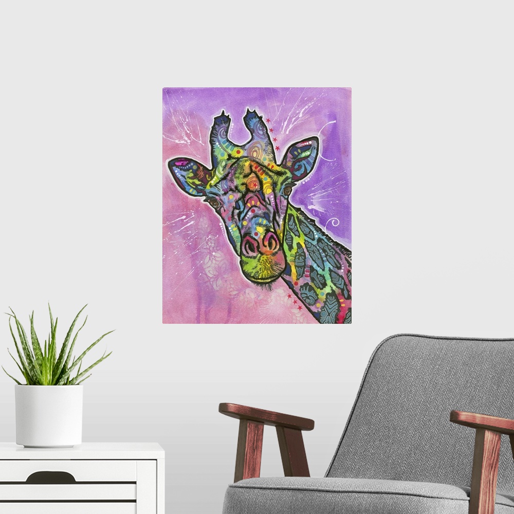 A modern room featuring Colorful painting of a Giraffe with abstract markings on a pink and purple background with white ...