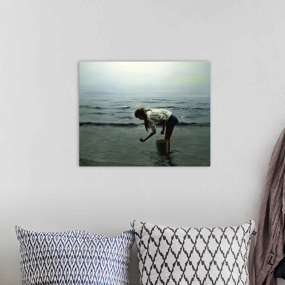 A bohemian room featuring Contemporary painting of a young woman on the beach searching for seashells.