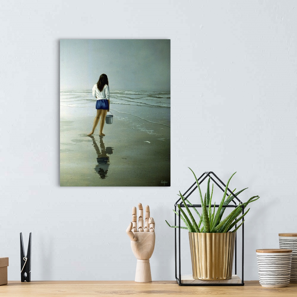 A bohemian room featuring Contemporary painting of a young woman on the beach holding a pail.