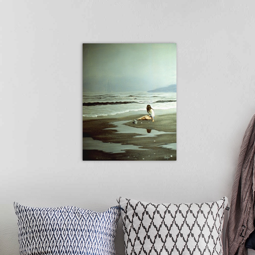 A bohemian room featuring Contemporary painting of a young woman on the beach watching the waves.