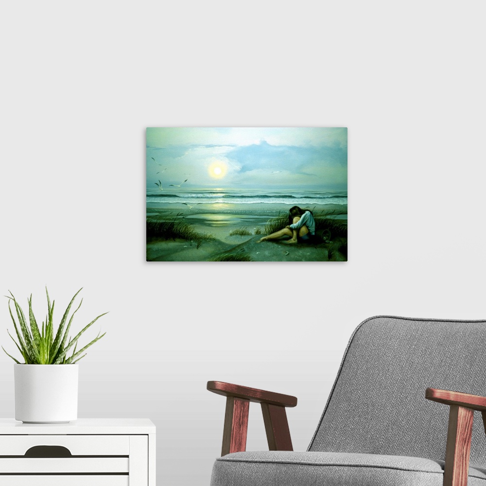 A modern room featuring Contemporary painting of a young woman on the beach with a pail full of seashells at dusk.
