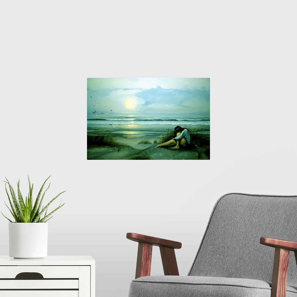 A modern room featuring Contemporary painting of a young woman on the beach with a pail full of seashells at dusk.