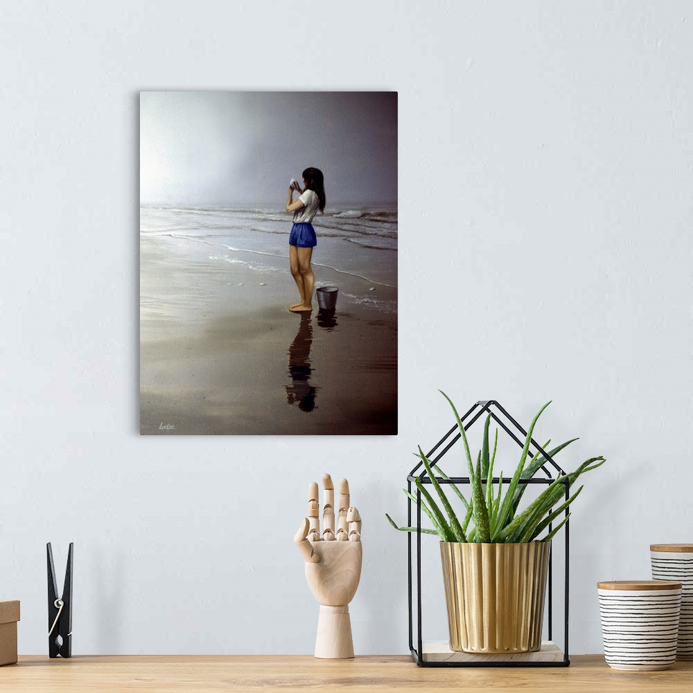A bohemian room featuring Contemporary painting of a young woman on the beach holding a seashell.