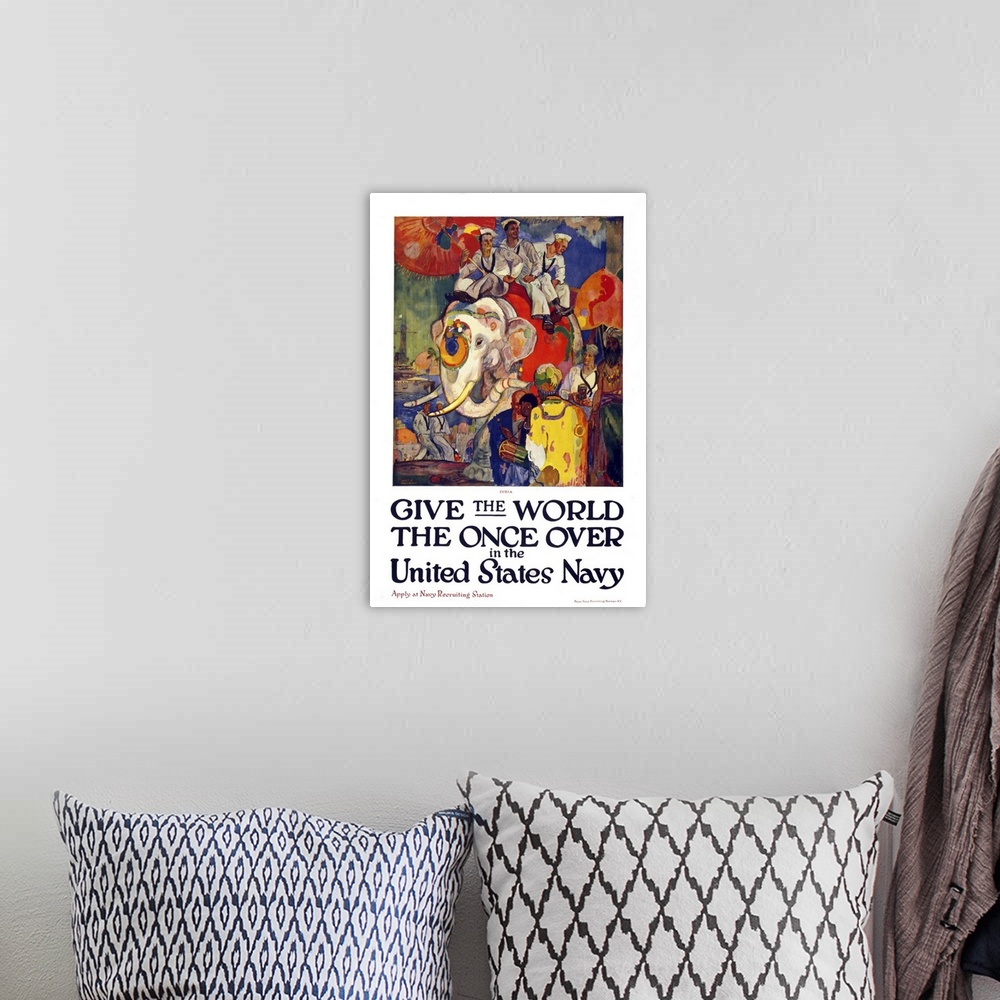 A bohemian room featuring Give the World the Once Over - Vintage US Navy Poster