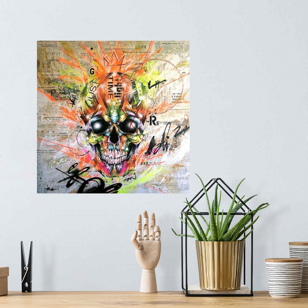 A bohemian room featuring Contemporary artwork with a vibrant urban art feel, using wild colors and shapes.