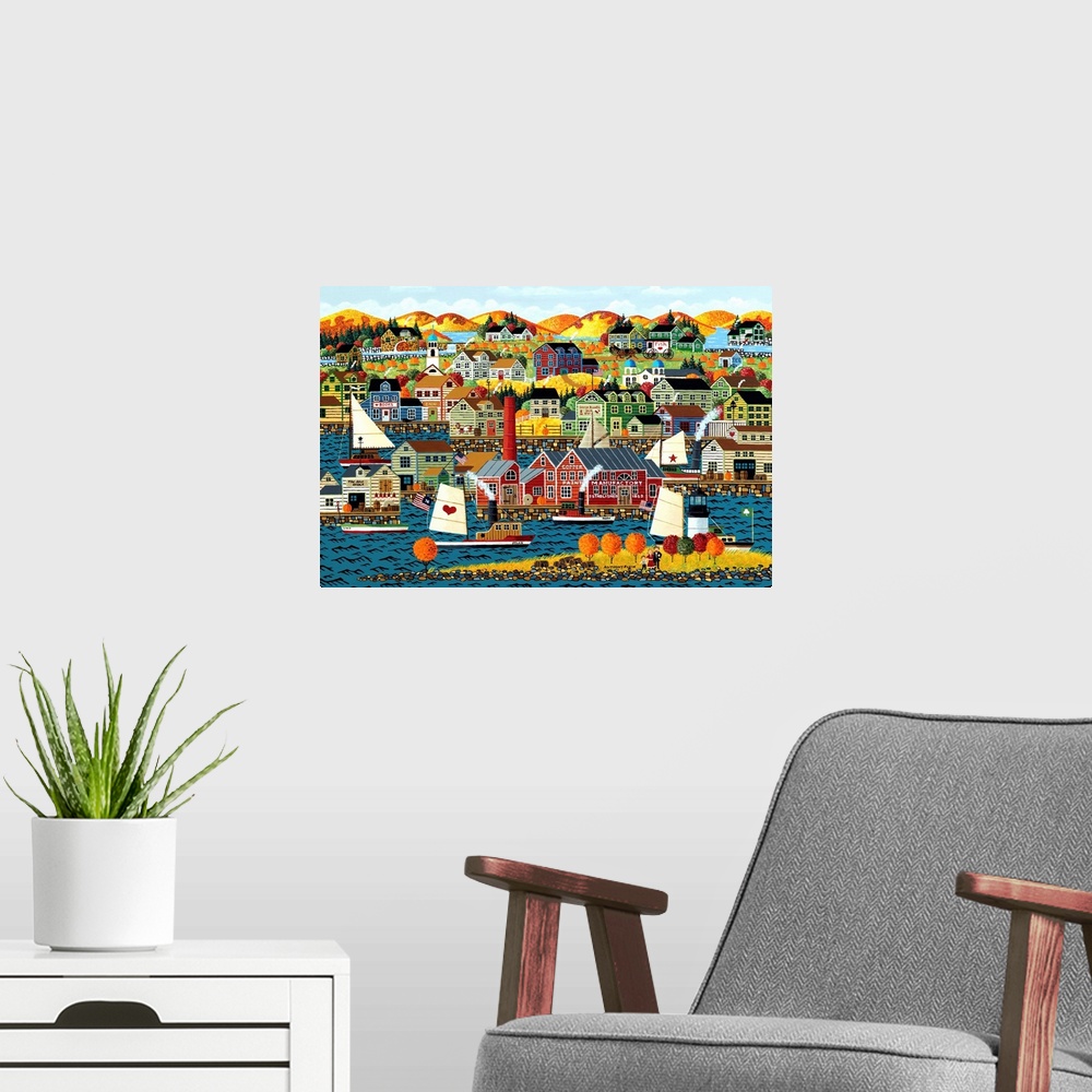 A modern room featuring Contemporary painting of a coastal village in autumn foliage.