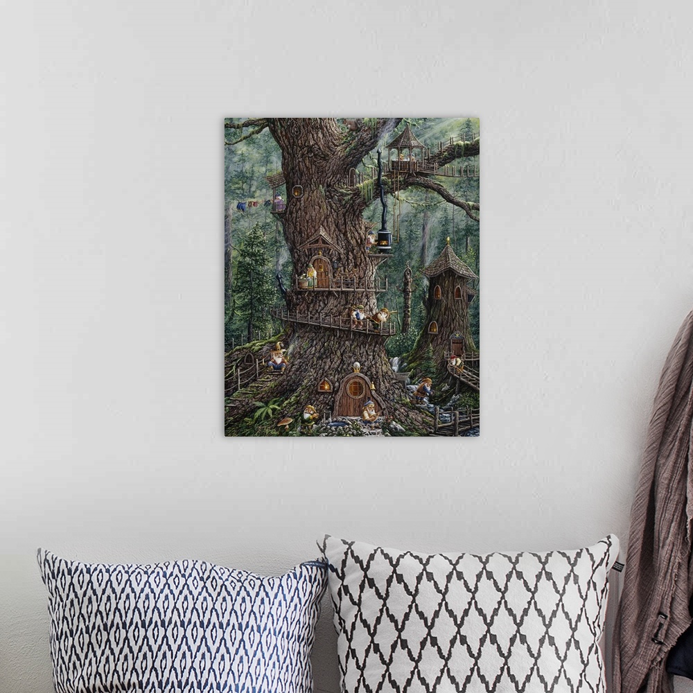 A bohemian room featuring A gnomes house in a large tree.
