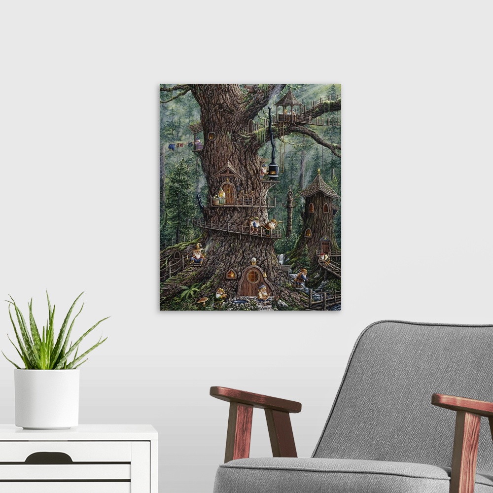 A modern room featuring A gnomes house in a large tree.