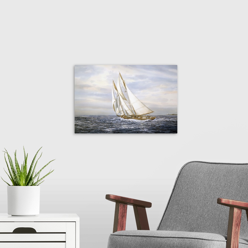 A modern room featuring A ship with large sails sailing on ocean.
