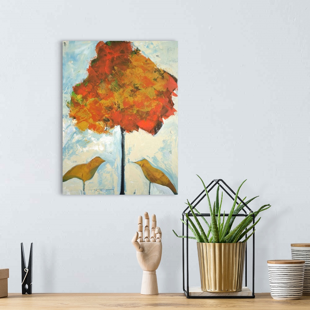 A bohemian room featuring Minimalist painting of two birds under a tree with autumn leaves.