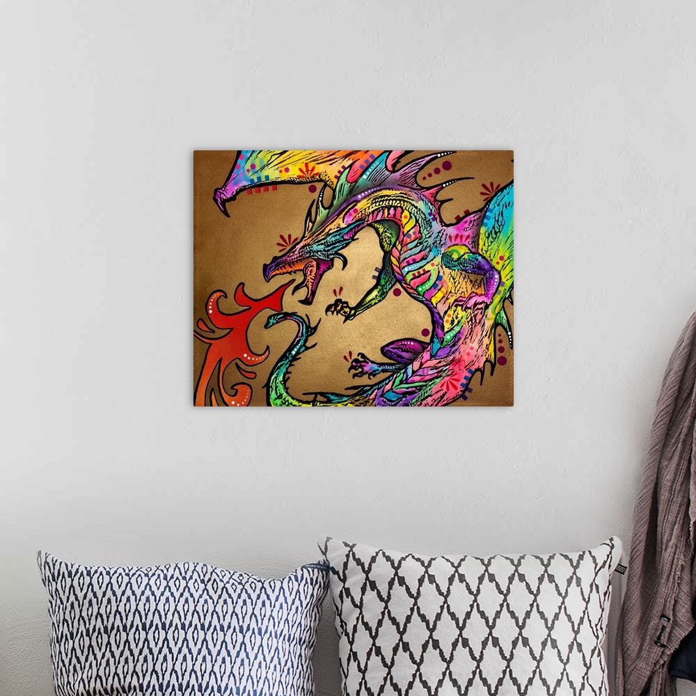 A bohemian room featuring Colorful illustration of a fire breathing dragon with a dark gold background.