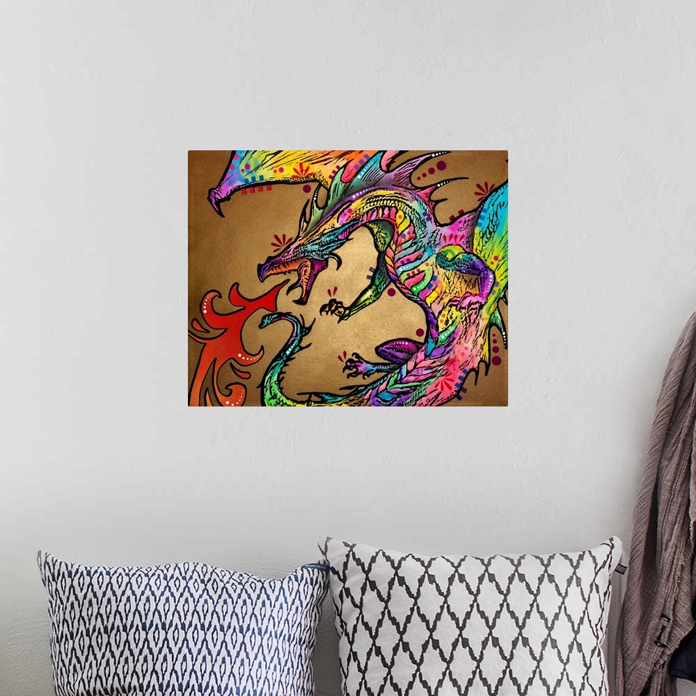 A bohemian room featuring Colorful illustration of a fire breathing dragon with a dark gold background.