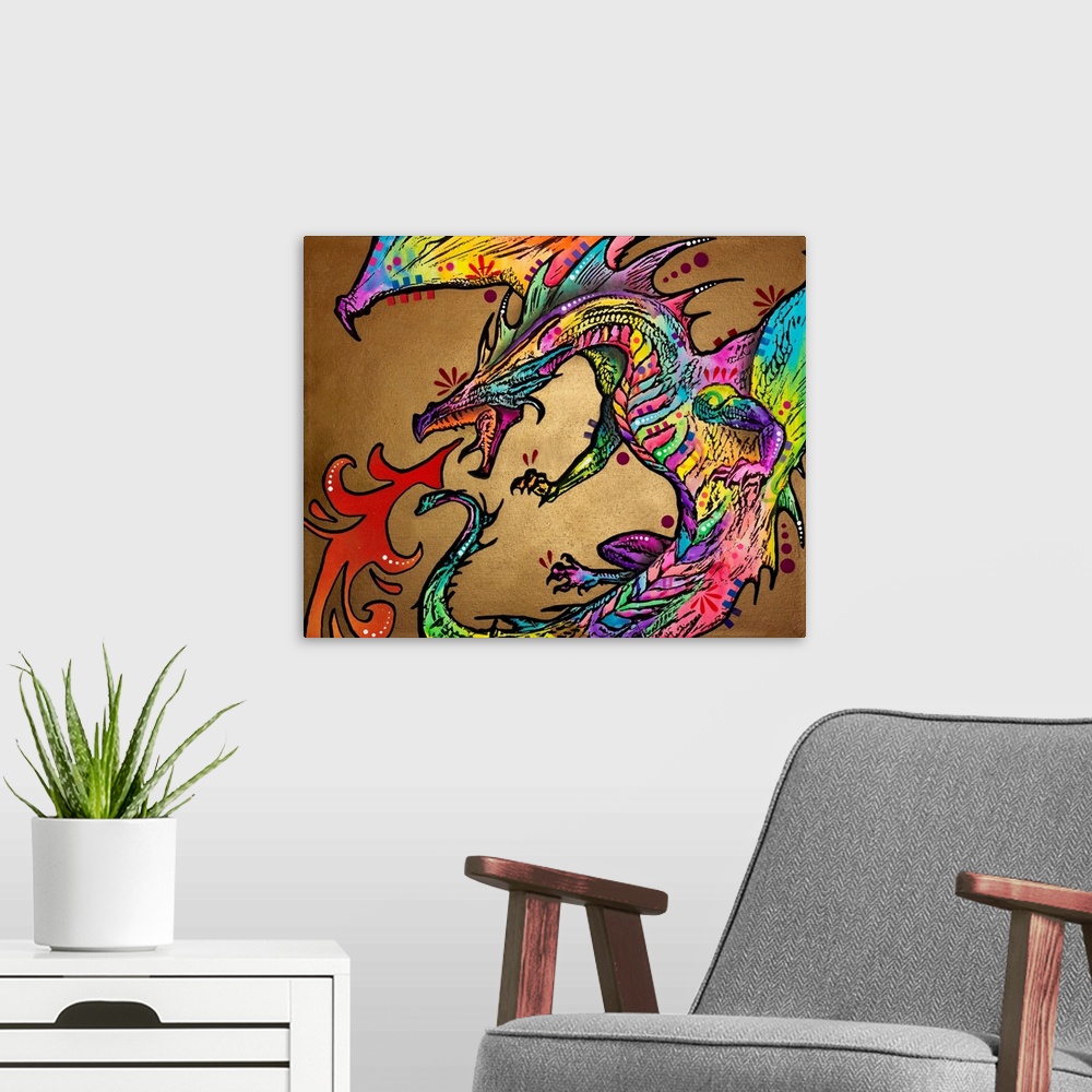 A modern room featuring Colorful illustration of a fire breathing dragon with a dark gold background.
