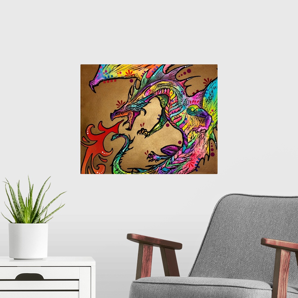 A modern room featuring Colorful illustration of a fire breathing dragon with a dark gold background.