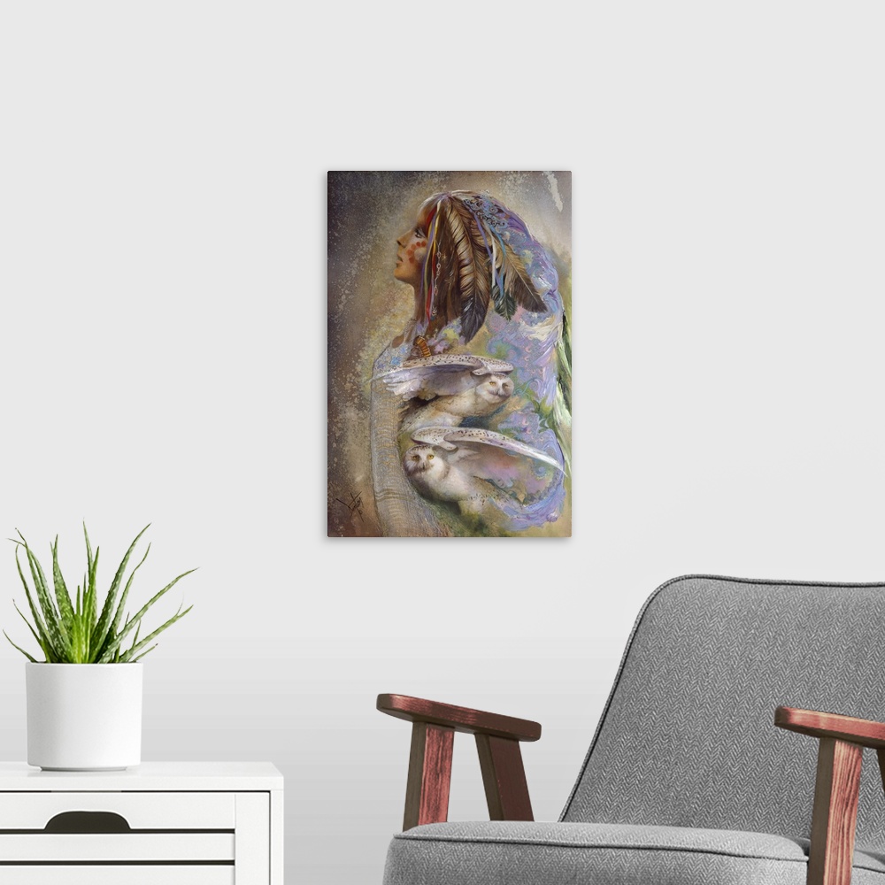 A modern room featuring A contemporary painting of a Native American woman looking upward with images of white owls in th...