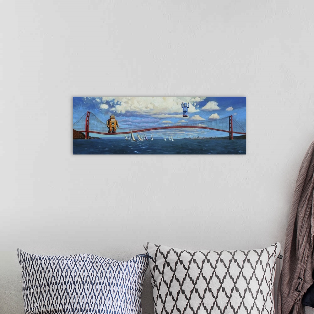 A bohemian room featuring A contemporary painting of two retro toy robots using the Golden Gate Bridge to jump and bounce i...
