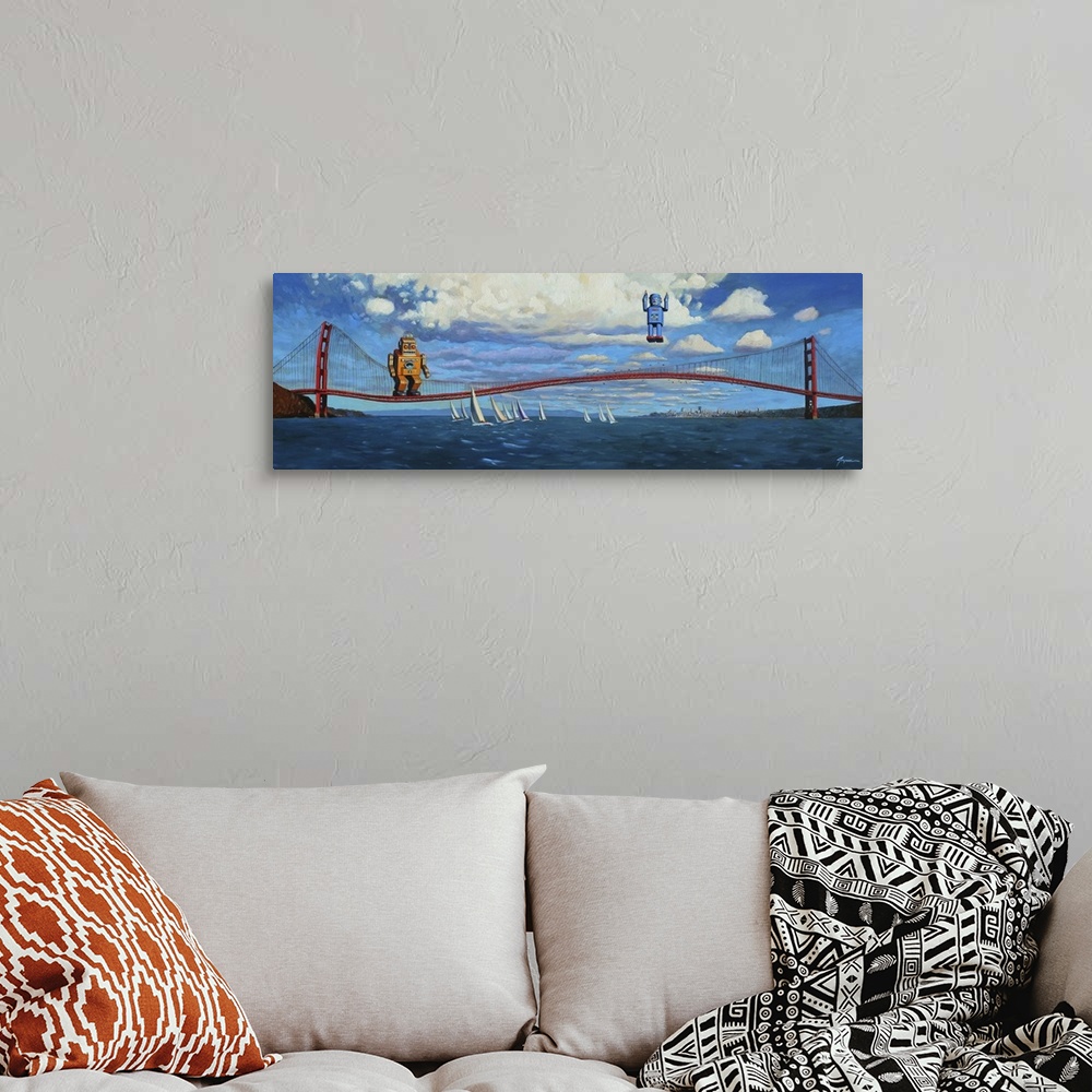 A bohemian room featuring A contemporary painting of two retro toy robots using the Golden Gate Bridge to jump and bounce i...