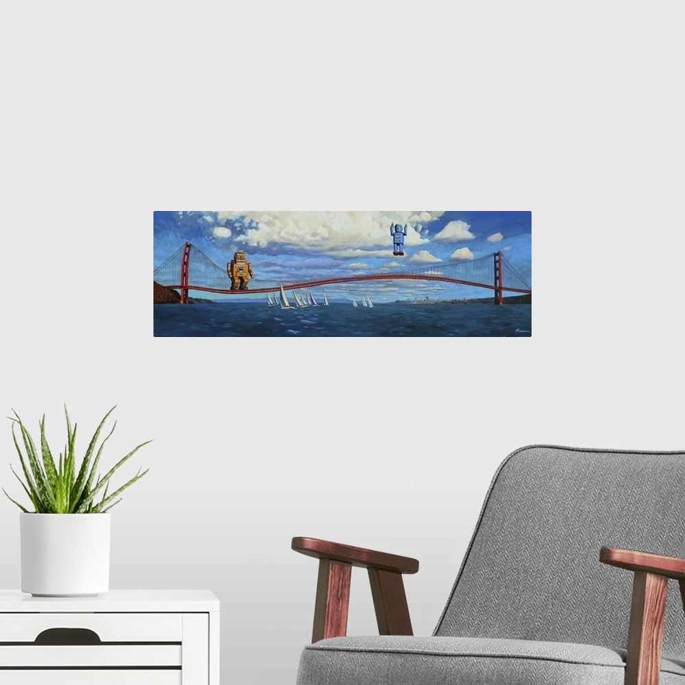 A modern room featuring A contemporary painting of two retro toy robots using the Golden Gate Bridge to jump and bounce i...
