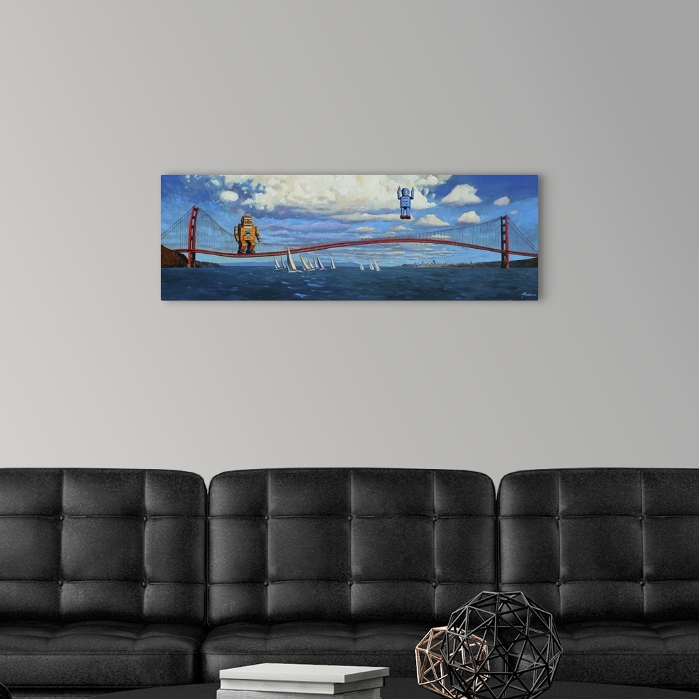 A modern room featuring A contemporary painting of two retro toy robots using the Golden Gate Bridge to jump and bounce i...