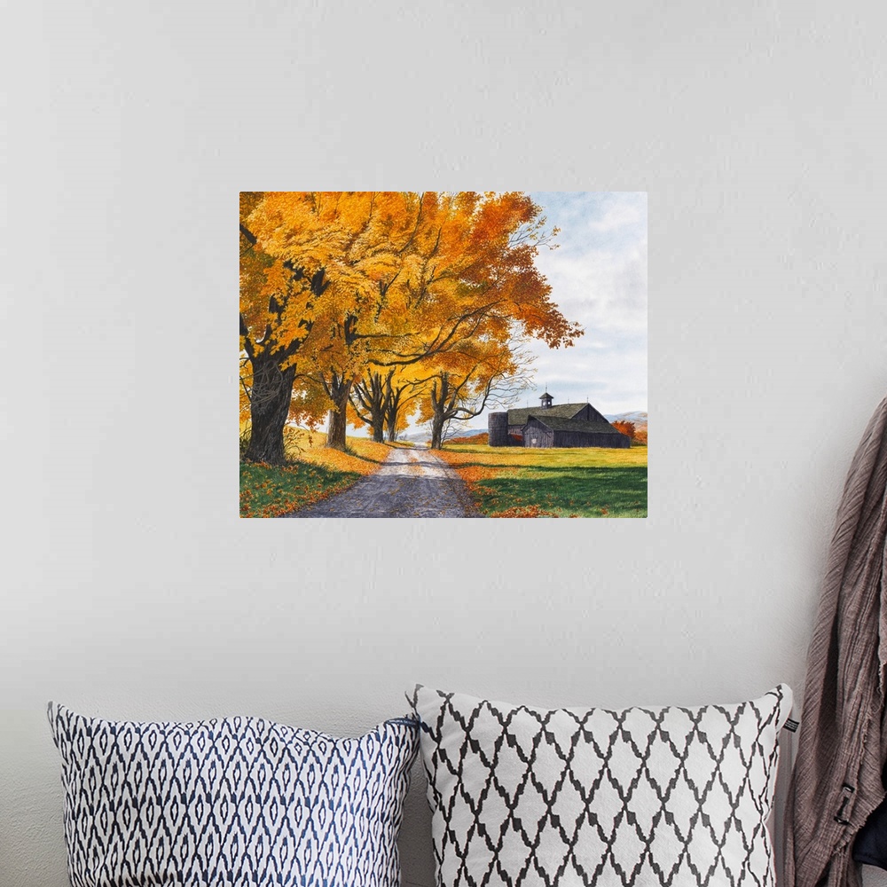 A bohemian room featuring Painting of a country road leading to a barn through autumn trees.