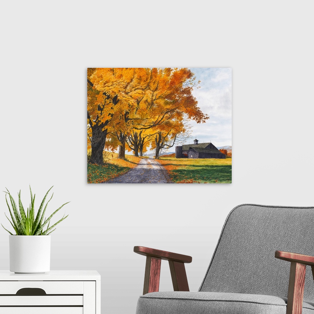 A modern room featuring Painting of a country road leading to a barn through autumn trees.