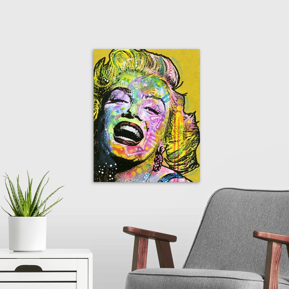 A modern room featuring Colorful portrait of Marilyn Monroe with graffiti-like designs on a gold background.