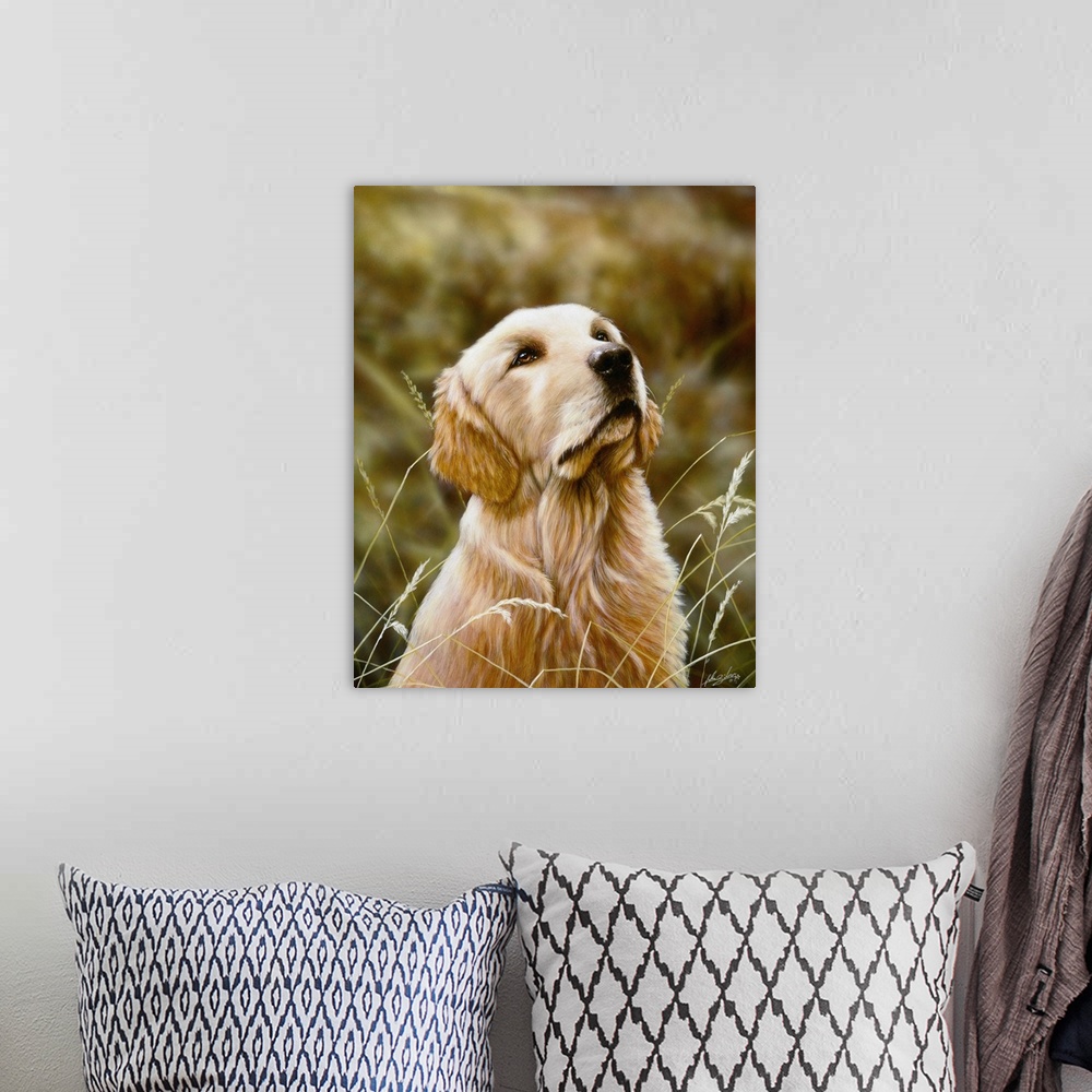 A bohemian room featuring Contemporary painting of a golden retriever sitting and looking up at something.