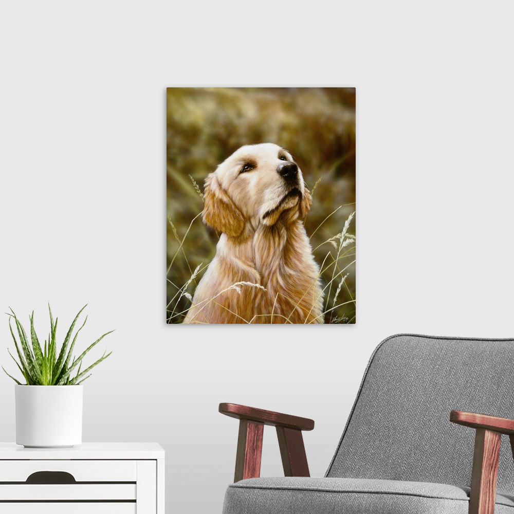 A modern room featuring Contemporary painting of a golden retriever sitting and looking up at something.