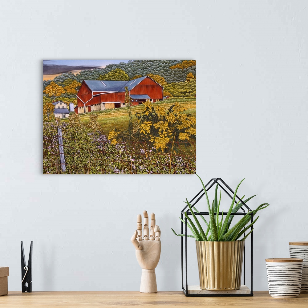 A bohemian room featuring Contemporary artwork of a serene countryside scene.