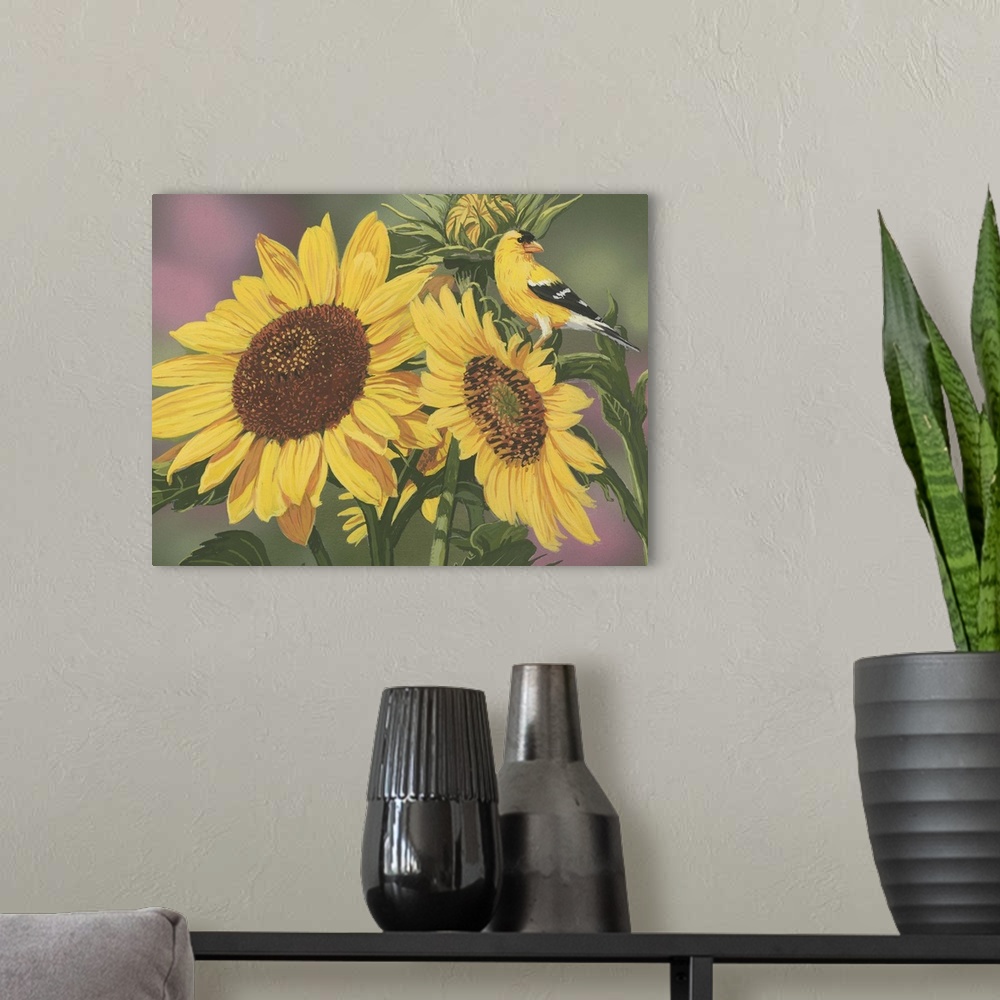 A modern room featuring Goldfinch And Sunflowers