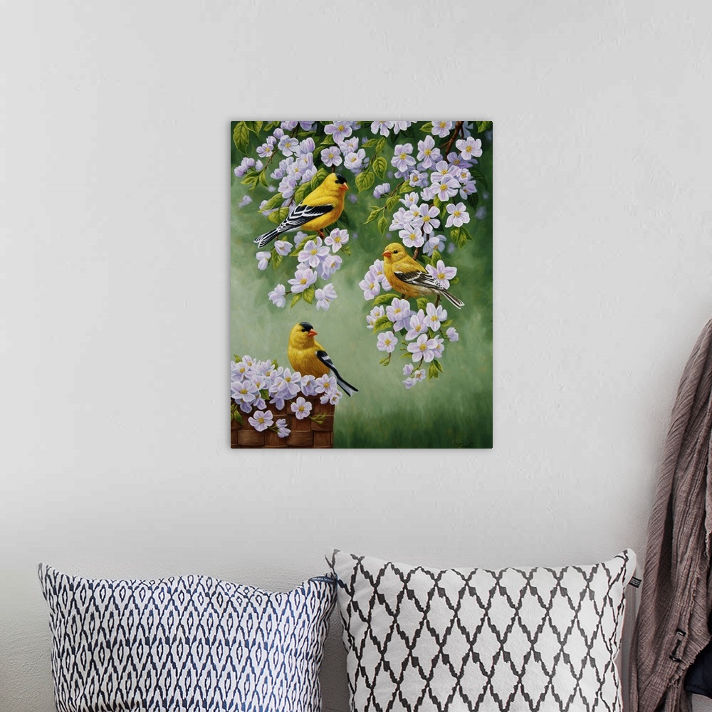 A bohemian room featuring Three goldfinches perched on branches of a blossoming tree.