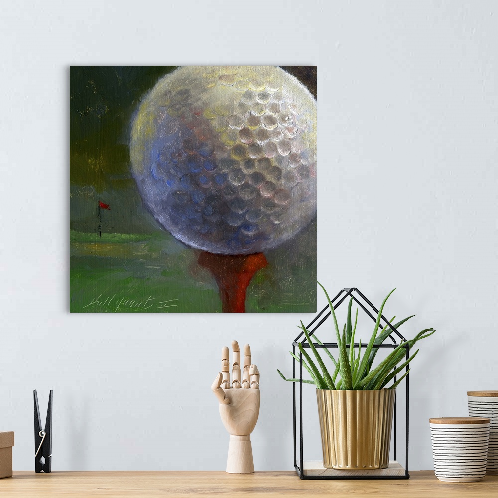 A bohemian room featuring Contemporary still-life painting of a golf ball close-up, with a red flag marking the cup in the ...