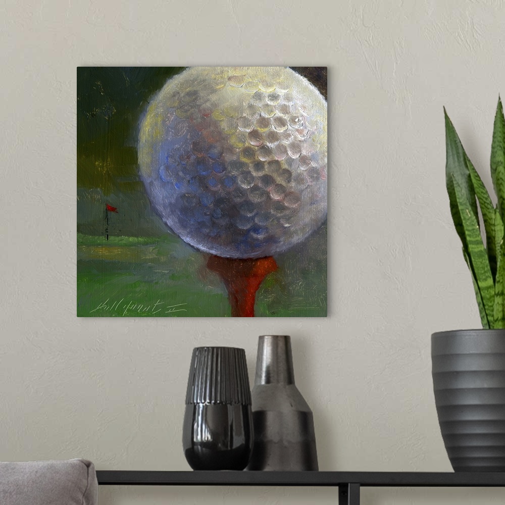 A modern room featuring Contemporary still-life painting of a golf ball close-up, with a red flag marking the cup in the ...