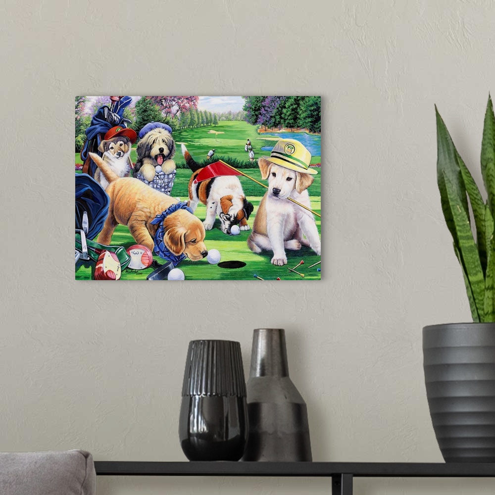 A modern room featuring Golfing Puppies
