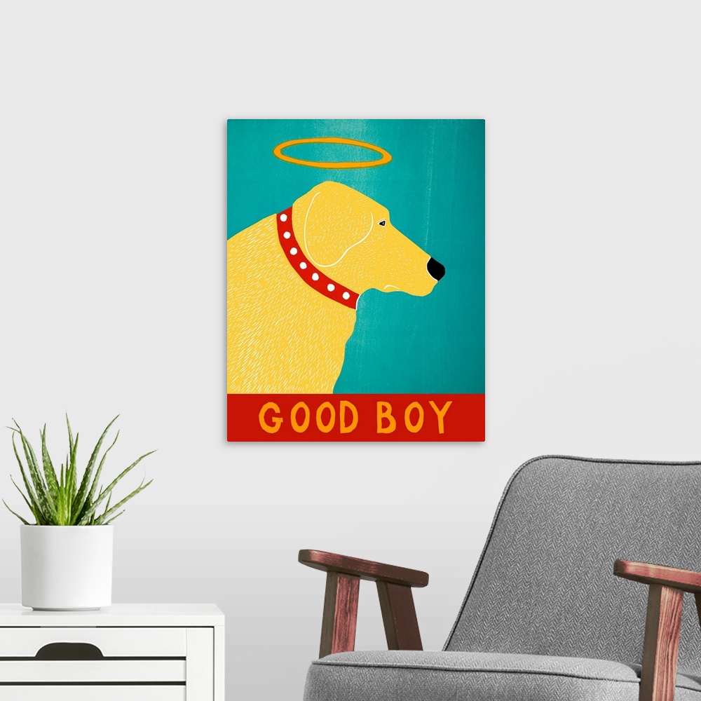 A modern room featuring Illustration of a yellow lab with a halo and the phrase "Good Boy" written on the bottom.