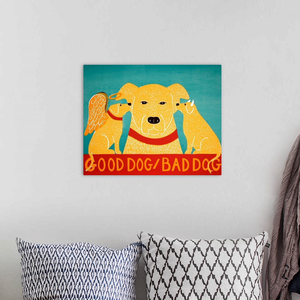 A bohemian room featuring Illustration of a yellow lab with an angel and devil yellow lab on each shoulder whispering in it...