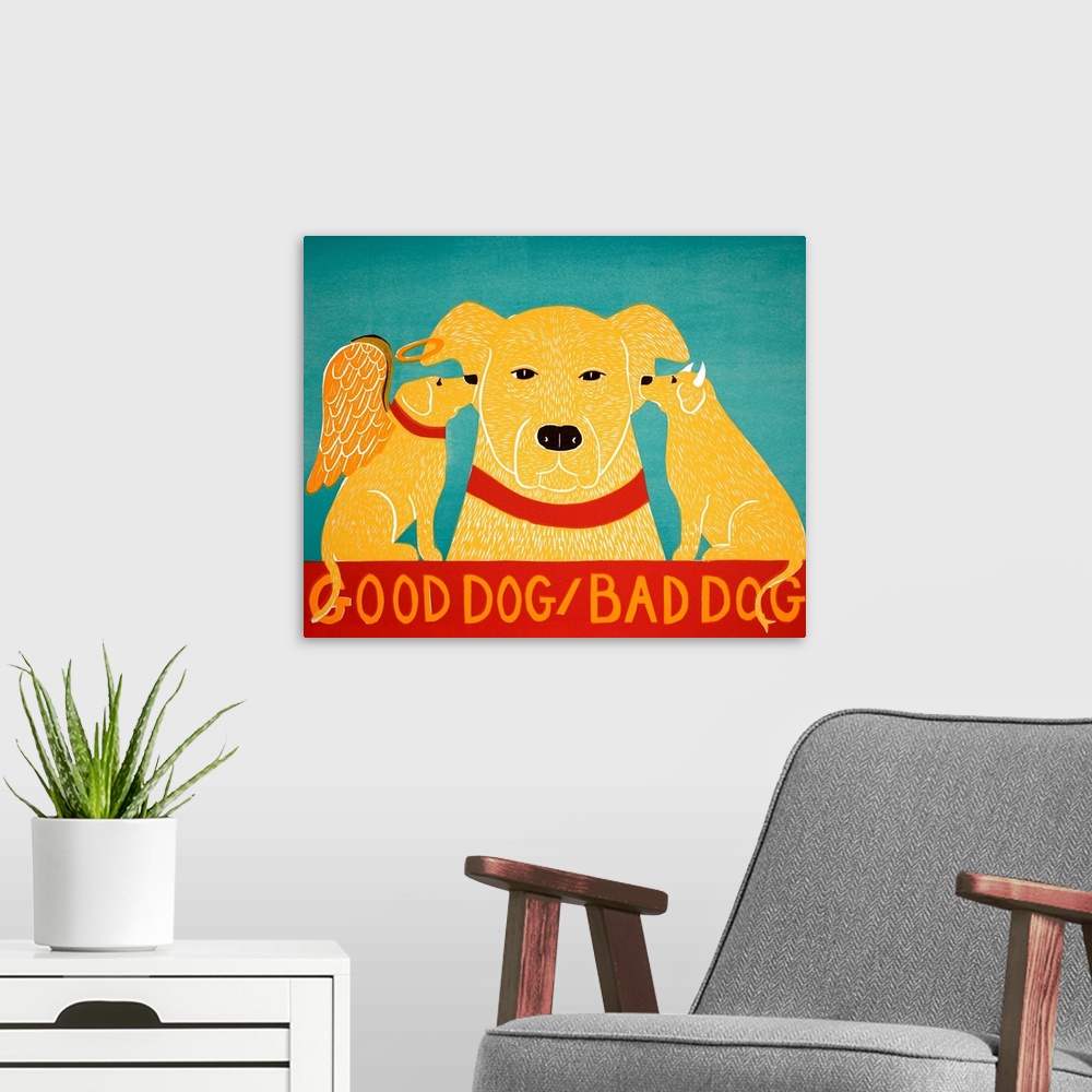 A modern room featuring Illustration of a yellow lab with an angel and devil yellow lab on each shoulder whispering in it...