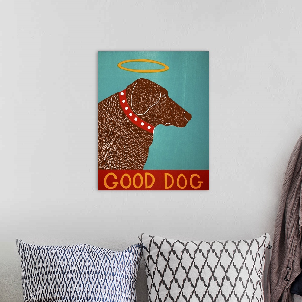 A bohemian room featuring Illustration of a chocolate lab with a halo and the phrase "Good Dog" written at the bottom.