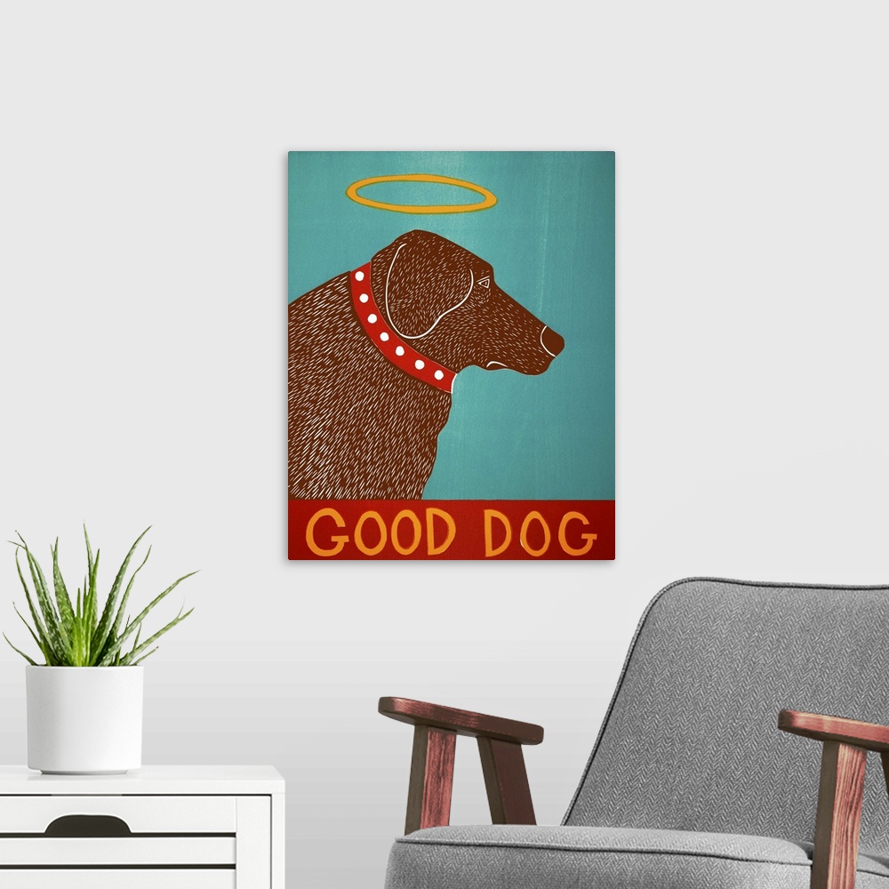 A modern room featuring Illustration of a chocolate lab with a halo and the phrase "Good Dog" written at the bottom.