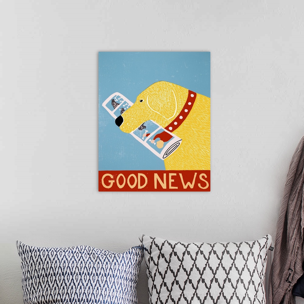 A bohemian room featuring Illustration of a yellow lab with the newspaper in its mouth and the phrase "Good News" written o...