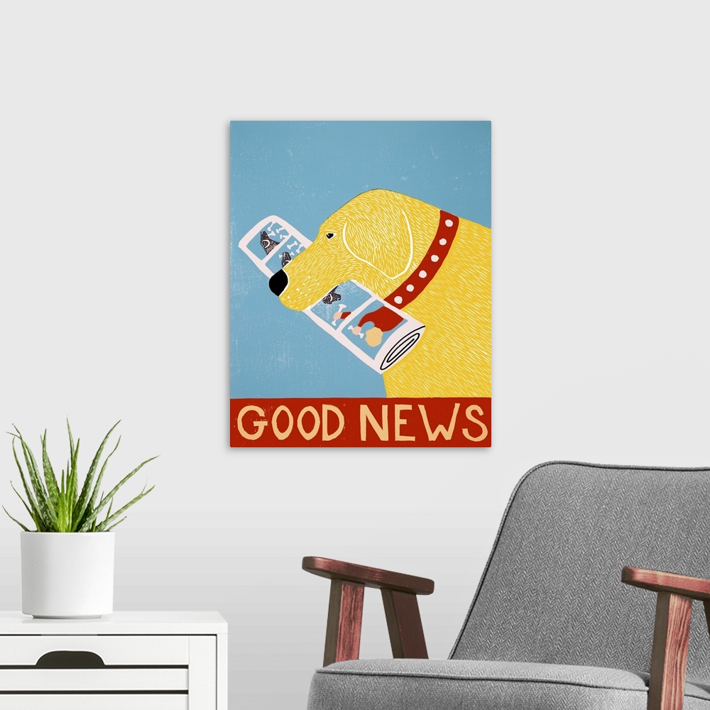 A modern room featuring Illustration of a yellow lab with the newspaper in its mouth and the phrase "Good News" written o...