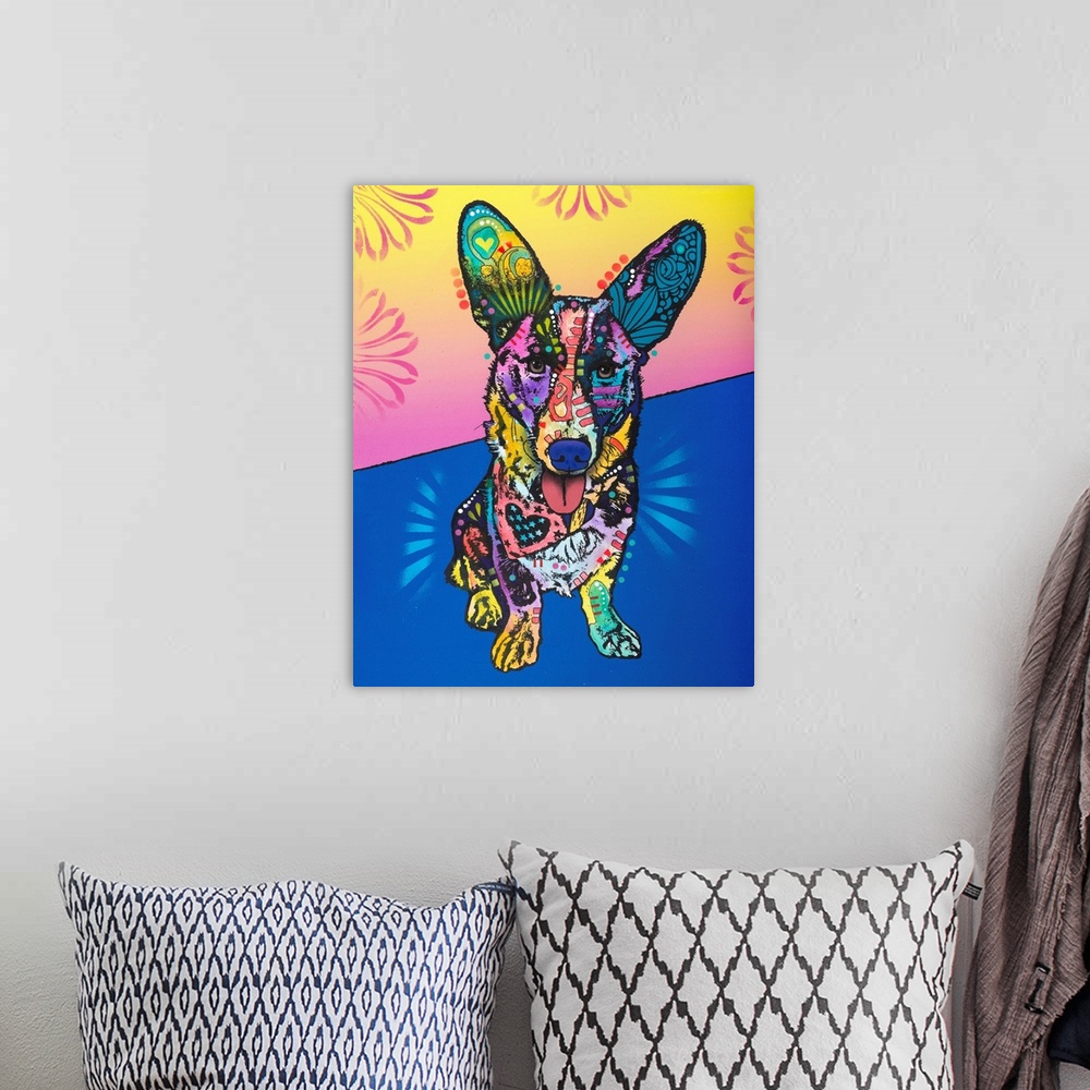 A bohemian room featuring Pop art style painting of a dog wearing a bandanna and colorful abstract designs on a blue, pink,...